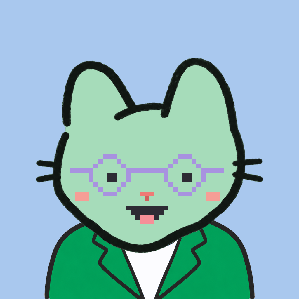 Employee #1140 — a mint cat, in a green suit, wearing round-lavender glasses, on sky