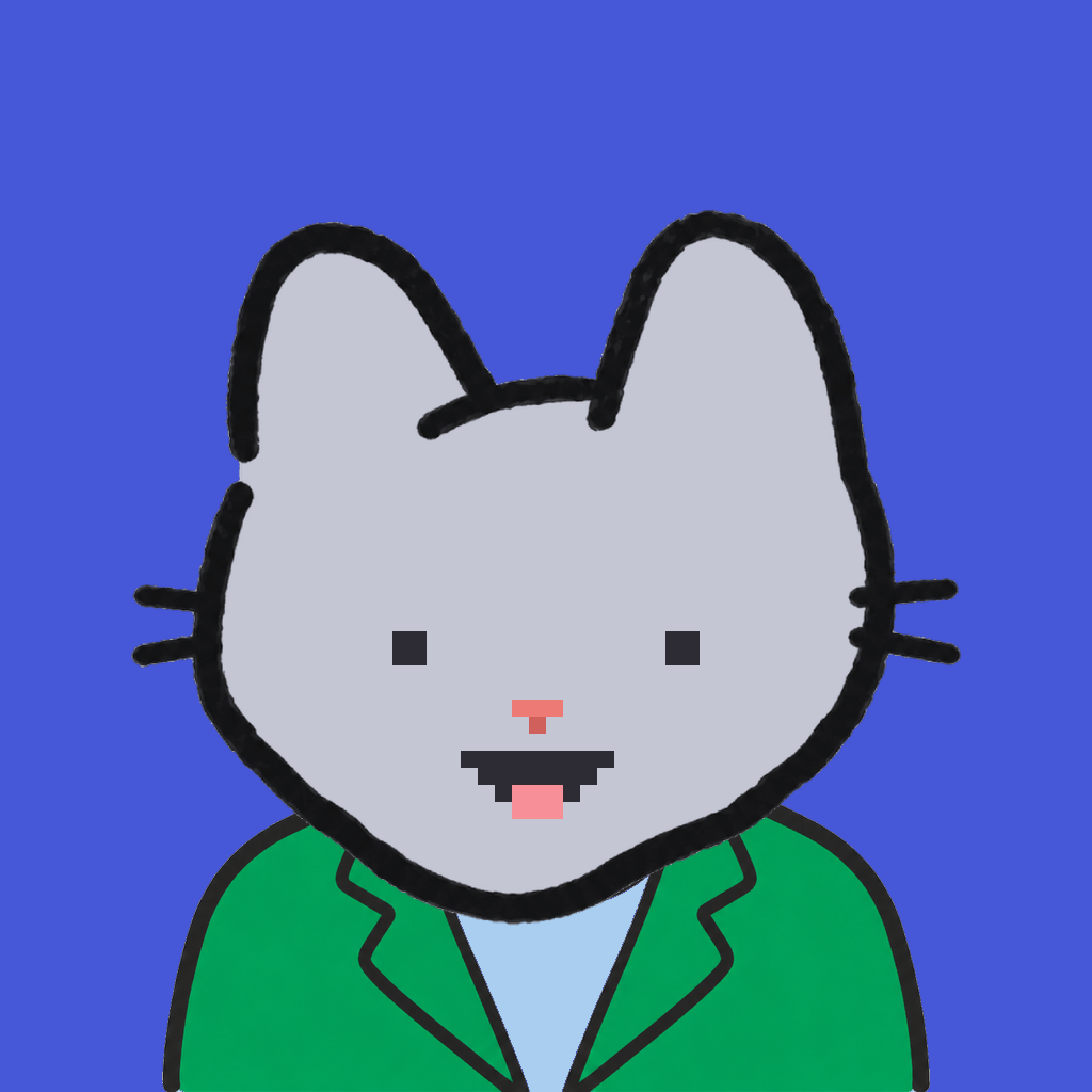 Employee #1141 — a gray cat, in a green suit, on royal