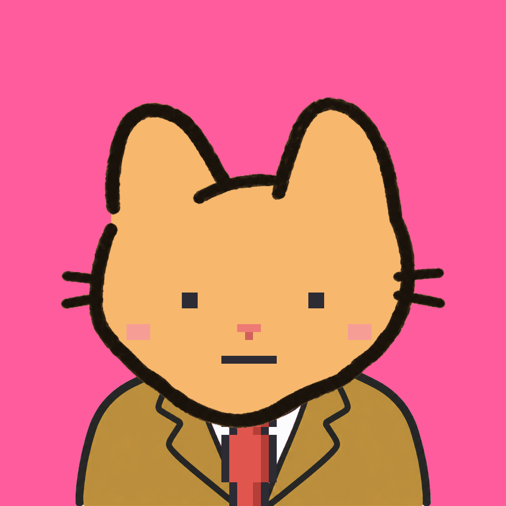 Employee #1142 — a tabby cat, in a mustard suit, with a red tie, on hot pink
