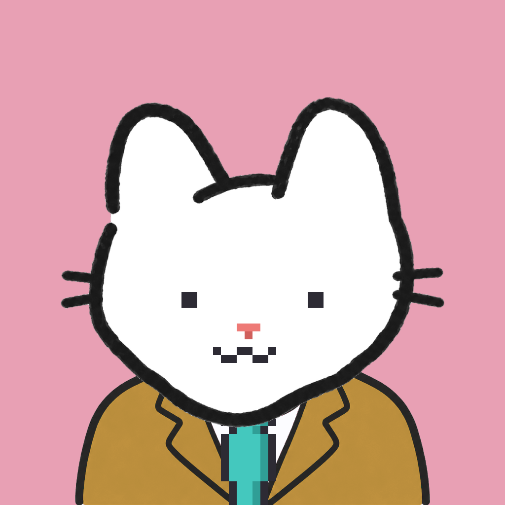 Employee #1143 — a white cat, in a mustard suit, with a teal tie, on rose