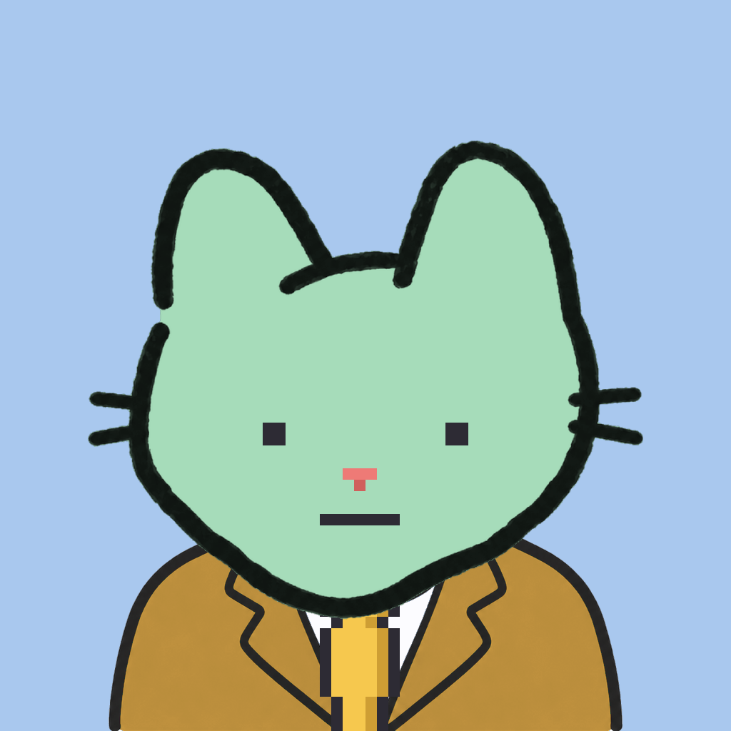 Employee #1144 — a mint cat, in a mustard suit, with a gold tie, on sky