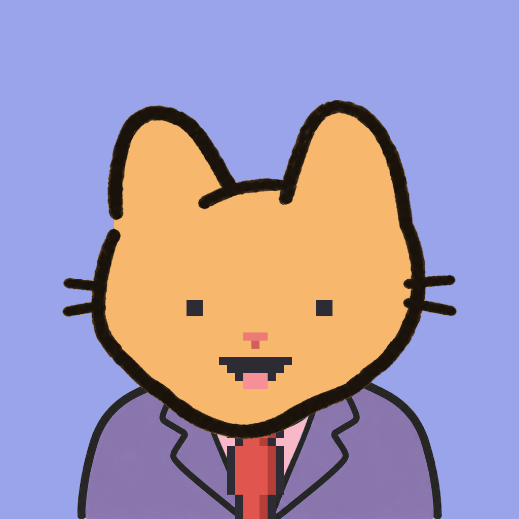 Employee #1145 — a tabby cat, in a lavender suit, with a red tie, on periwinkle