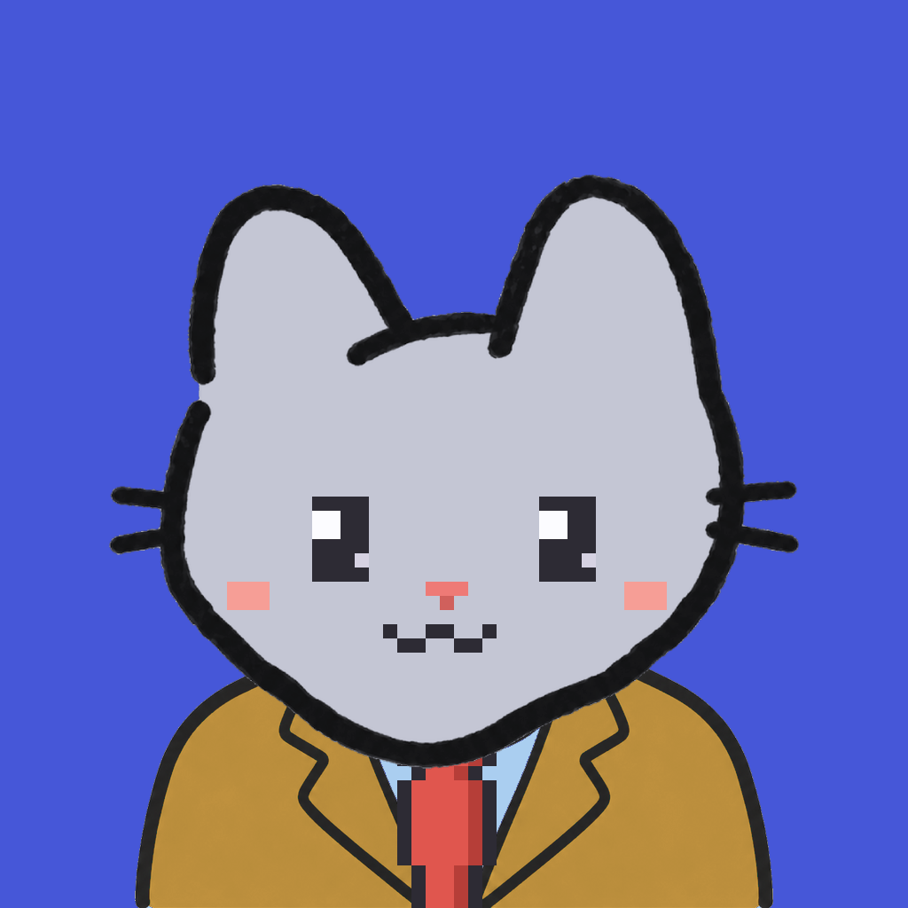 Employee #1146 — a gray cat, in a mustard suit, with a red tie, on royal