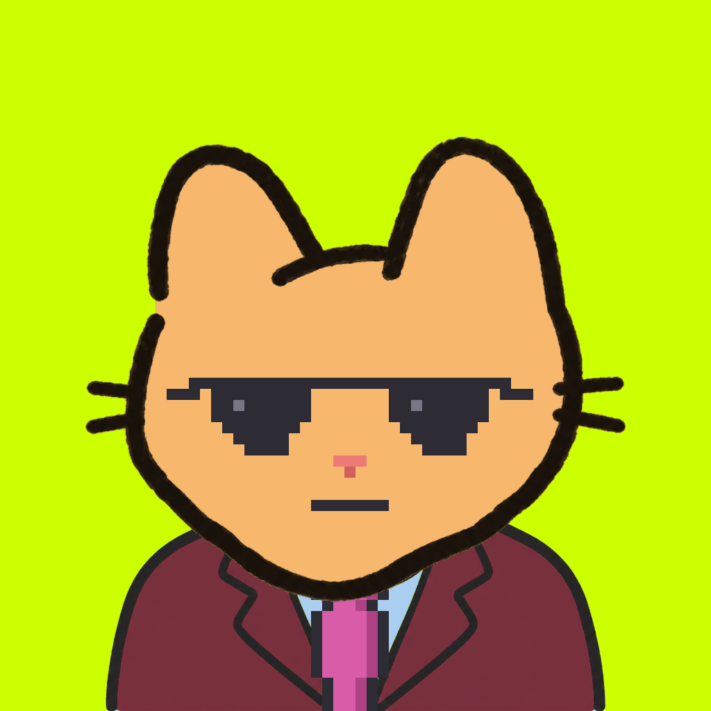 Employee #1147 — a tabby cat, in a burgundy suit, with a magenta tie, wearing shades glasses, on volt