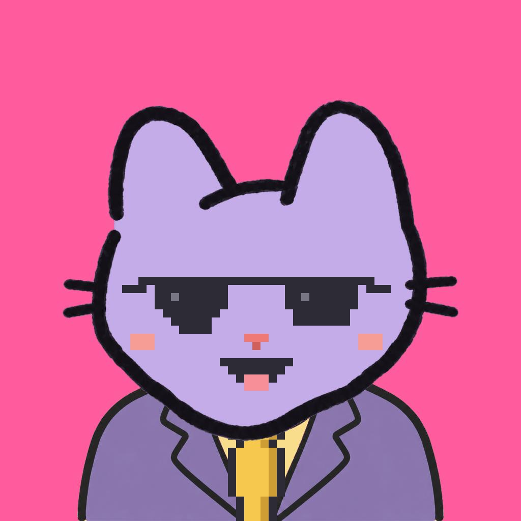 Employee #1148 — a lavender cat, in a lavender suit, with a gold tie, wearing shades glasses, on hot pink
