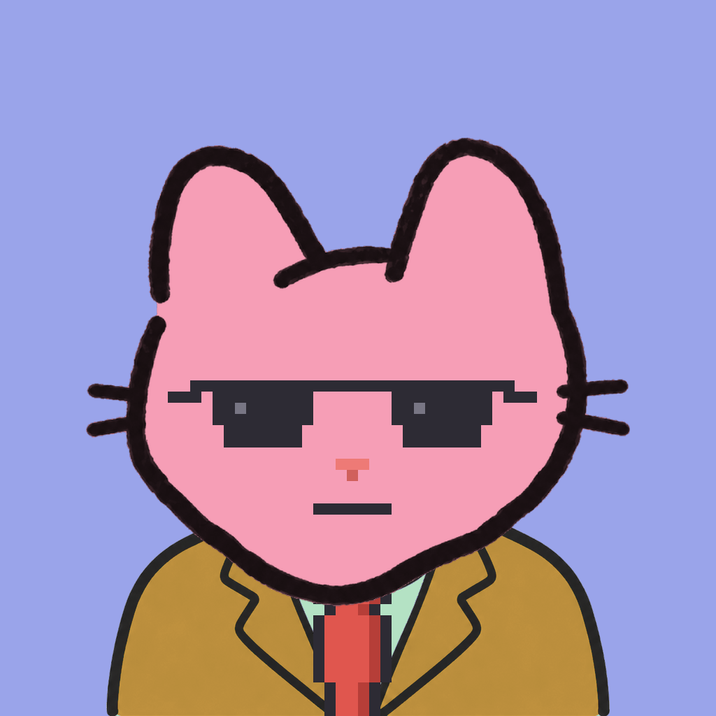 Employee #1149 — a pink cat, in a mustard suit, with a red tie, wearing shades glasses, on periwinkle