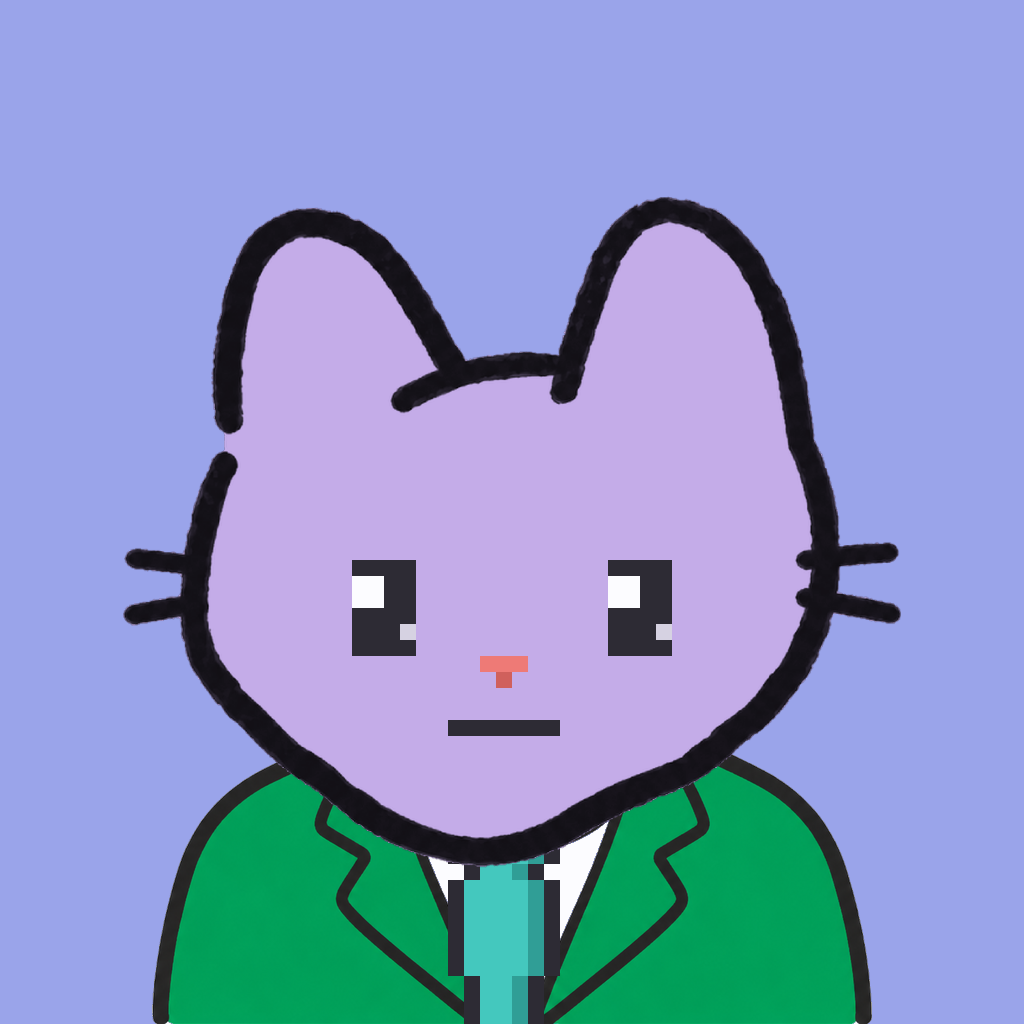 Employee #0115 — a lavender cat, in a green suit, with a teal tie, on periwinkle