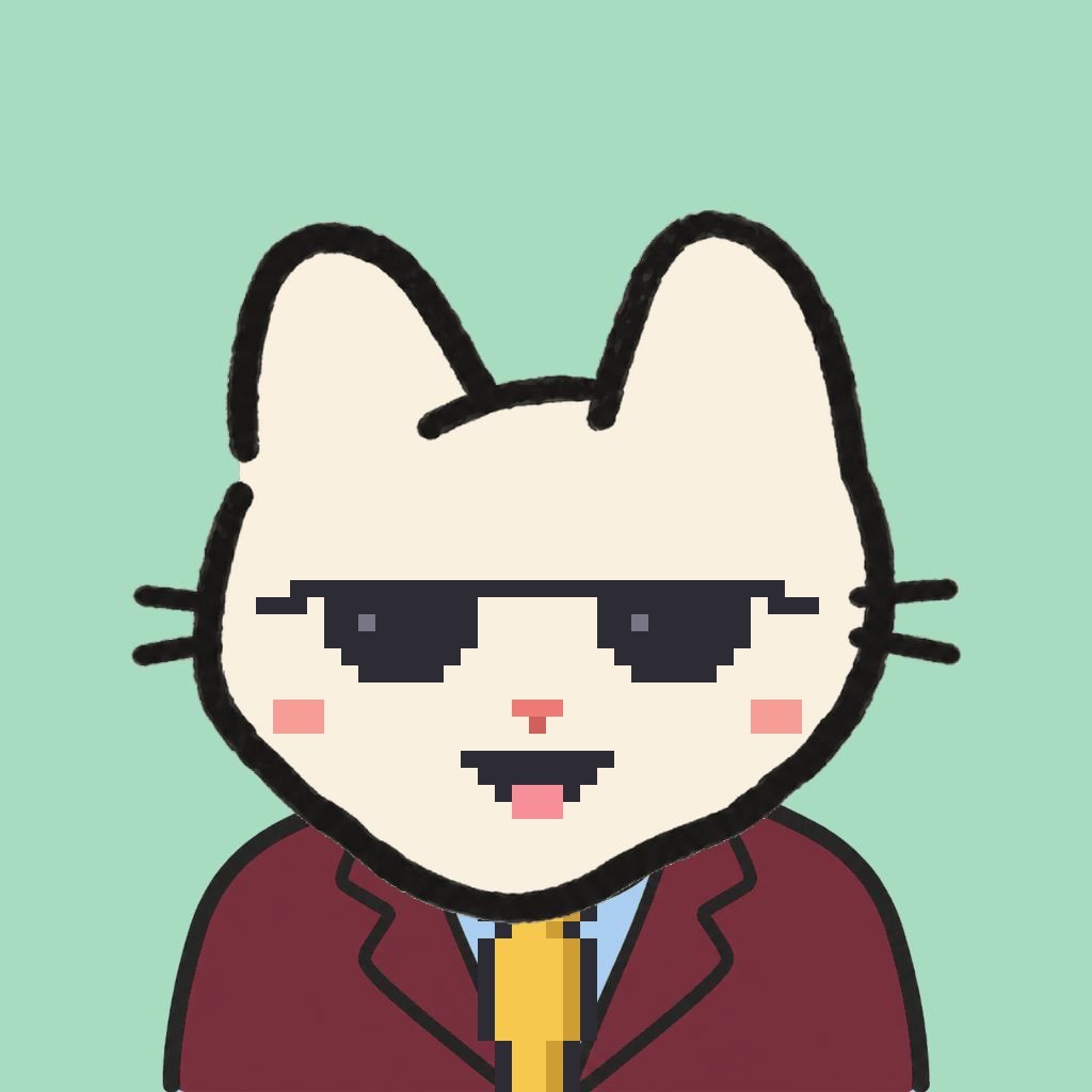Employee #1150 — a cream cat, in a burgundy suit, with a gold tie, wearing shades glasses, on mint