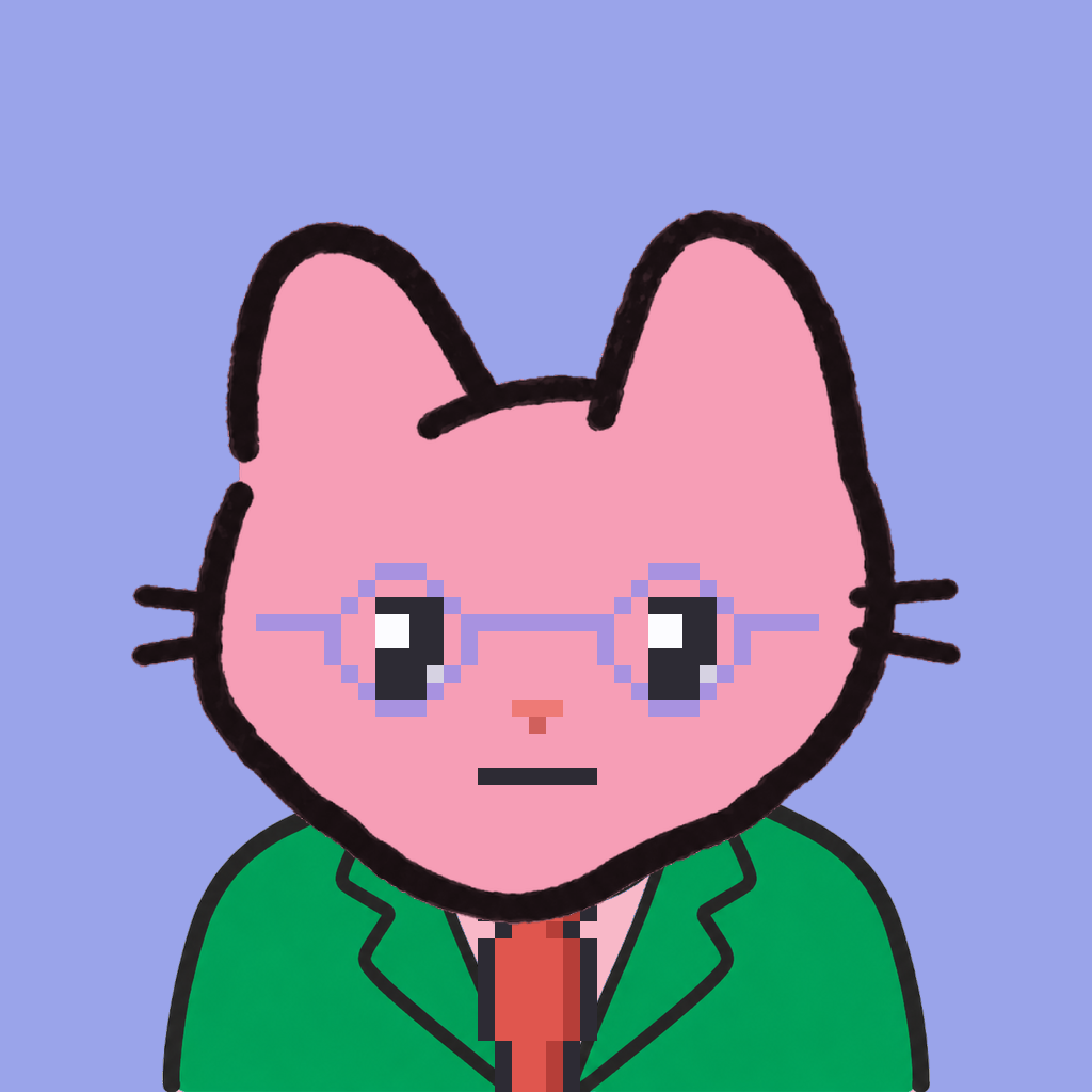 Employee #1151 — a pink cat, in a green suit, with a red tie, wearing round-lavender glasses, on periwinkle