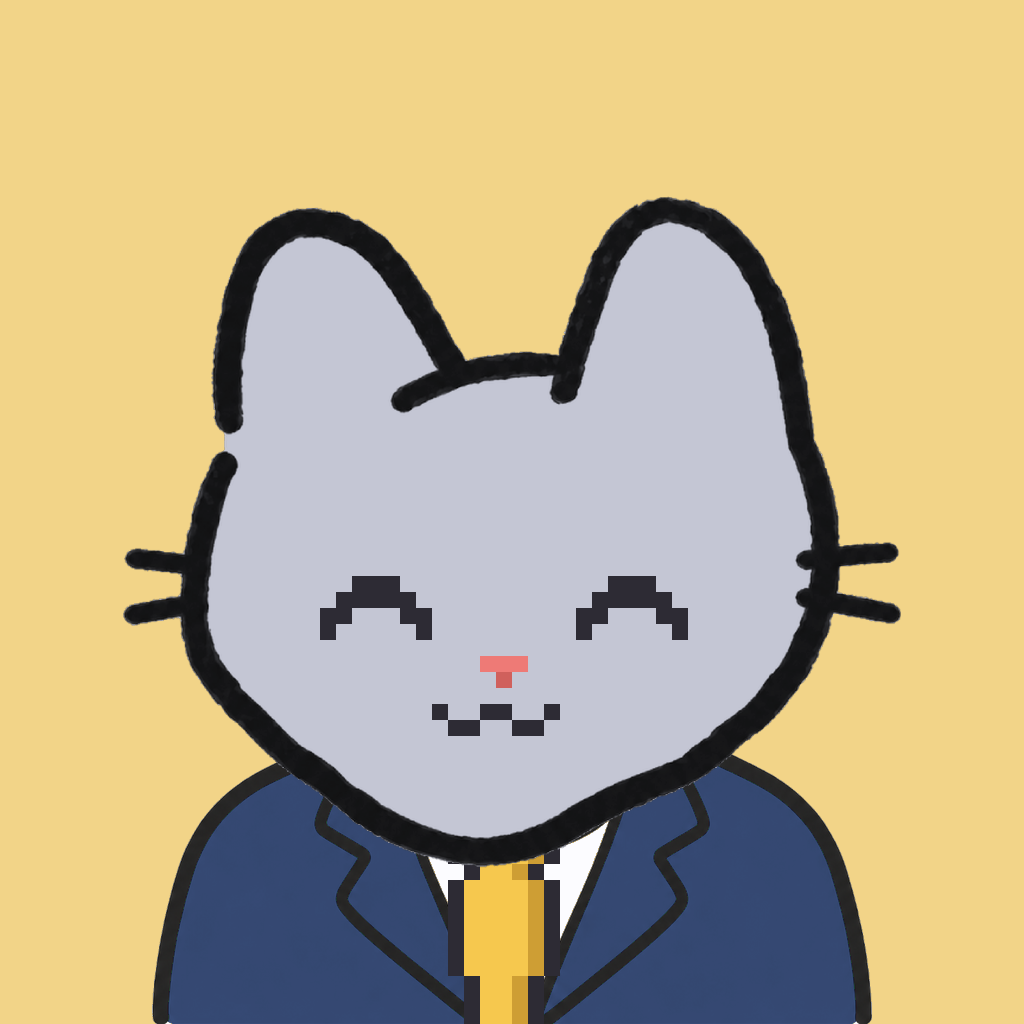 Employee #1152 — a gray cat, in a navy suit, with a gold tie, on butter