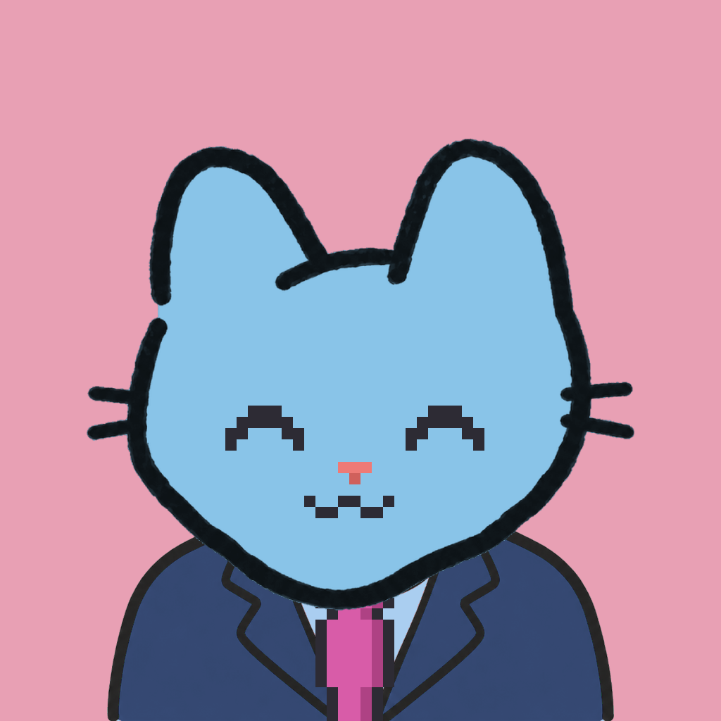 Employee #1153 — a sky cat, in a navy suit, with a magenta tie, on rose