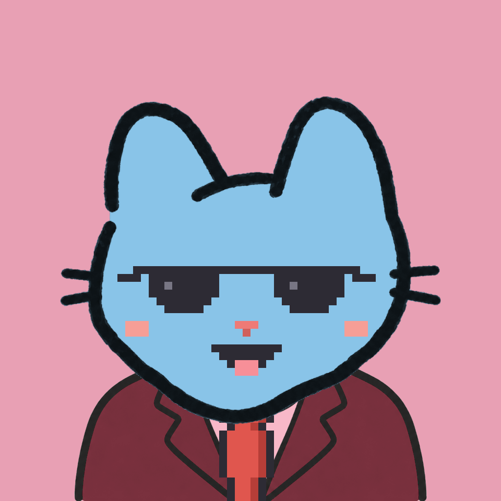 Employee #1154 — a sky cat, in a burgundy suit, with a red tie, wearing shades glasses, on rose