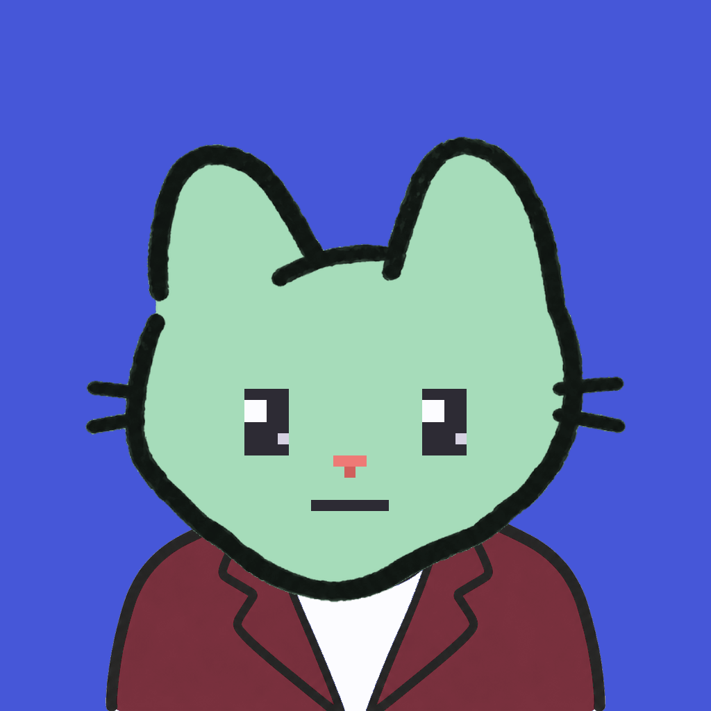 Employee #1155 — a mint cat, in a burgundy suit, on royal