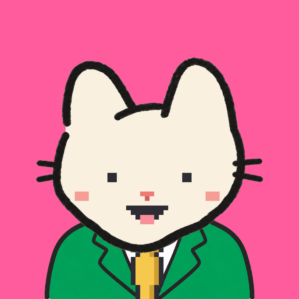Employee #1156 — a cream cat, in a green suit, with a gold tie, on hot pink