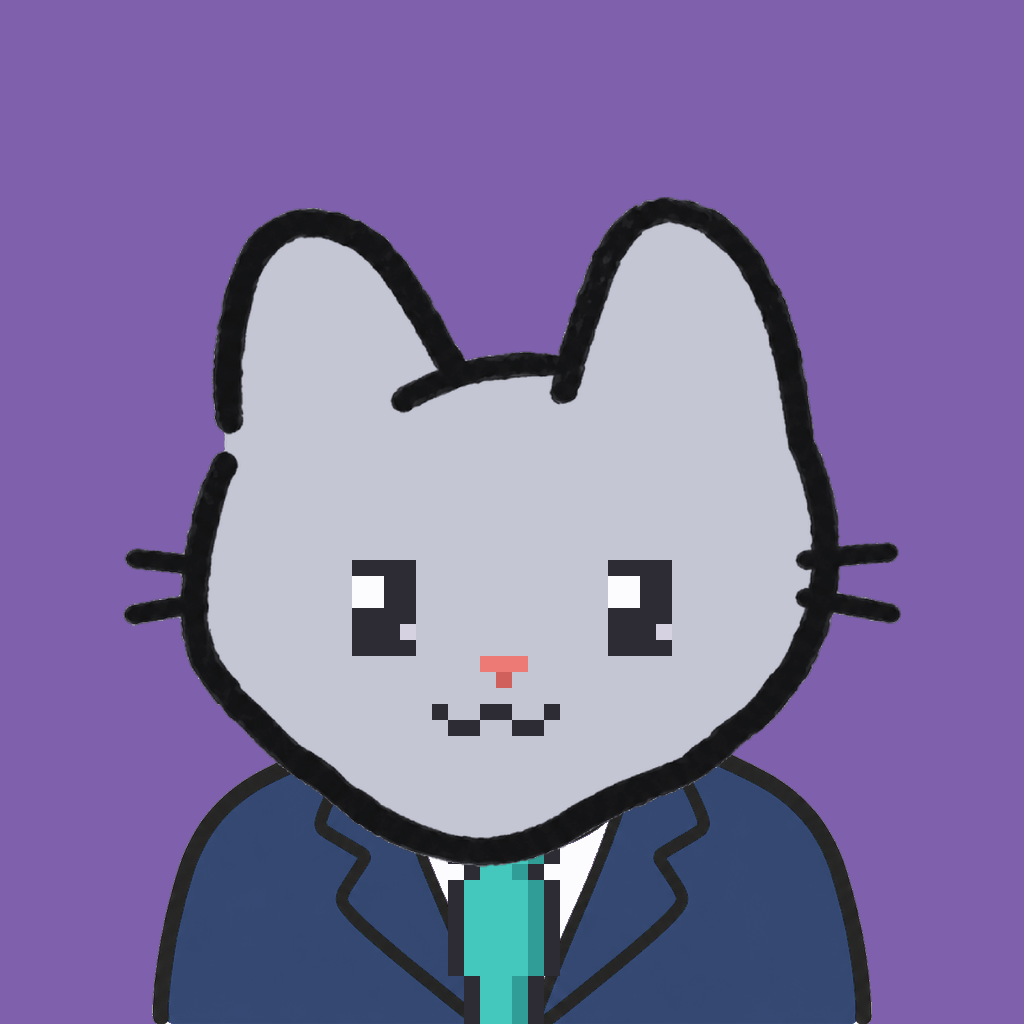 Employee #1157 — a gray cat, in a navy suit, with a teal tie, on plasma violet