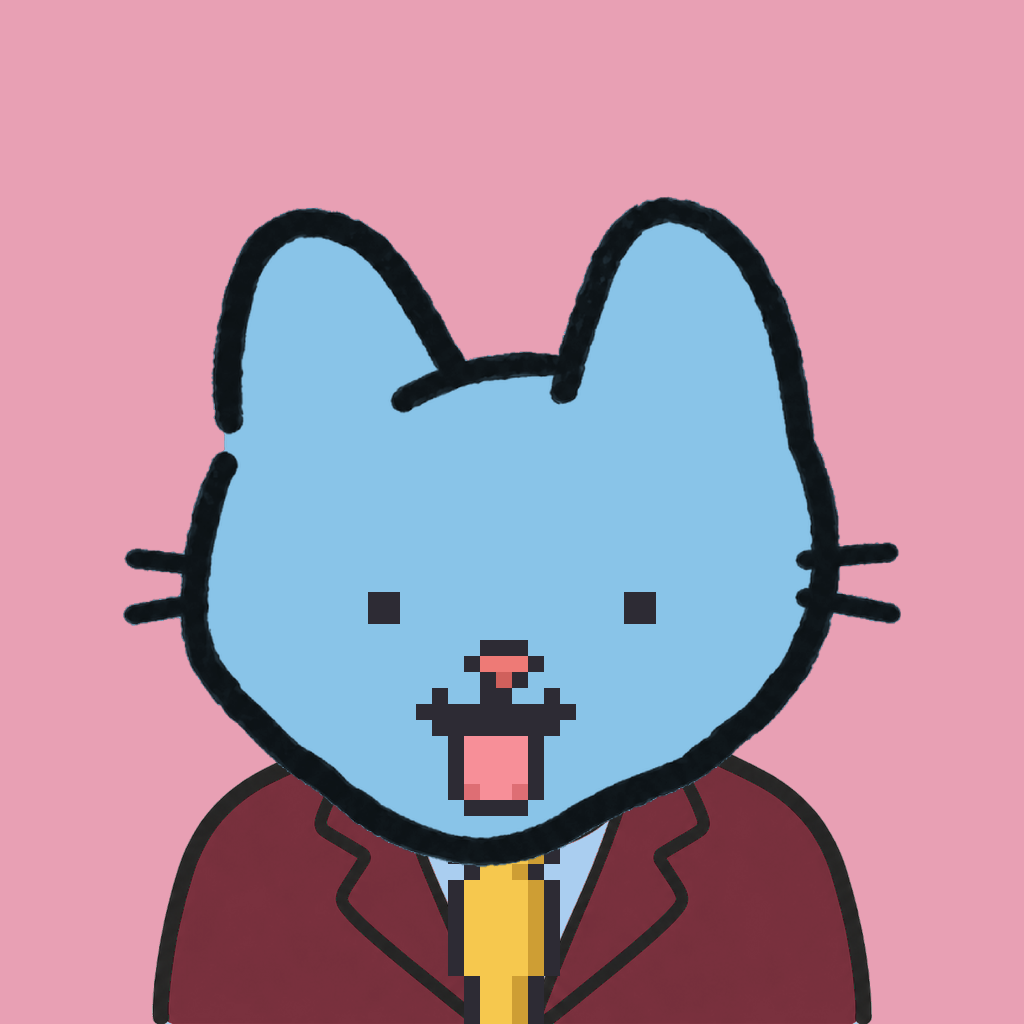 Employee #1158 — a sky cat, in a burgundy suit, with a gold tie, on rose