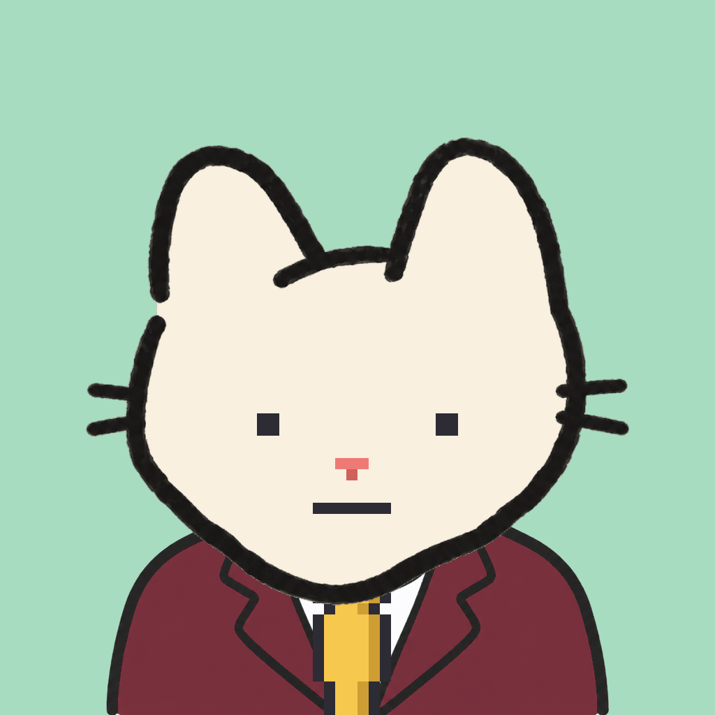 Employee #1159 — a cream cat, in a burgundy suit, with a gold tie, on mint