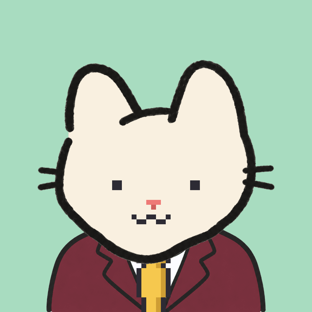 Employee #0116 — a cream cat, in a burgundy suit, with a gold tie, on mint