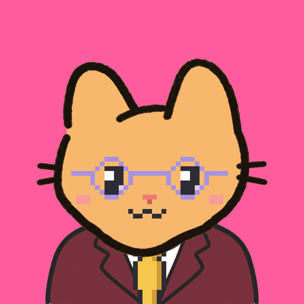Employee #1160 — a tabby cat, in a burgundy suit, with a gold tie, wearing round-lavender glasses, on hot pink