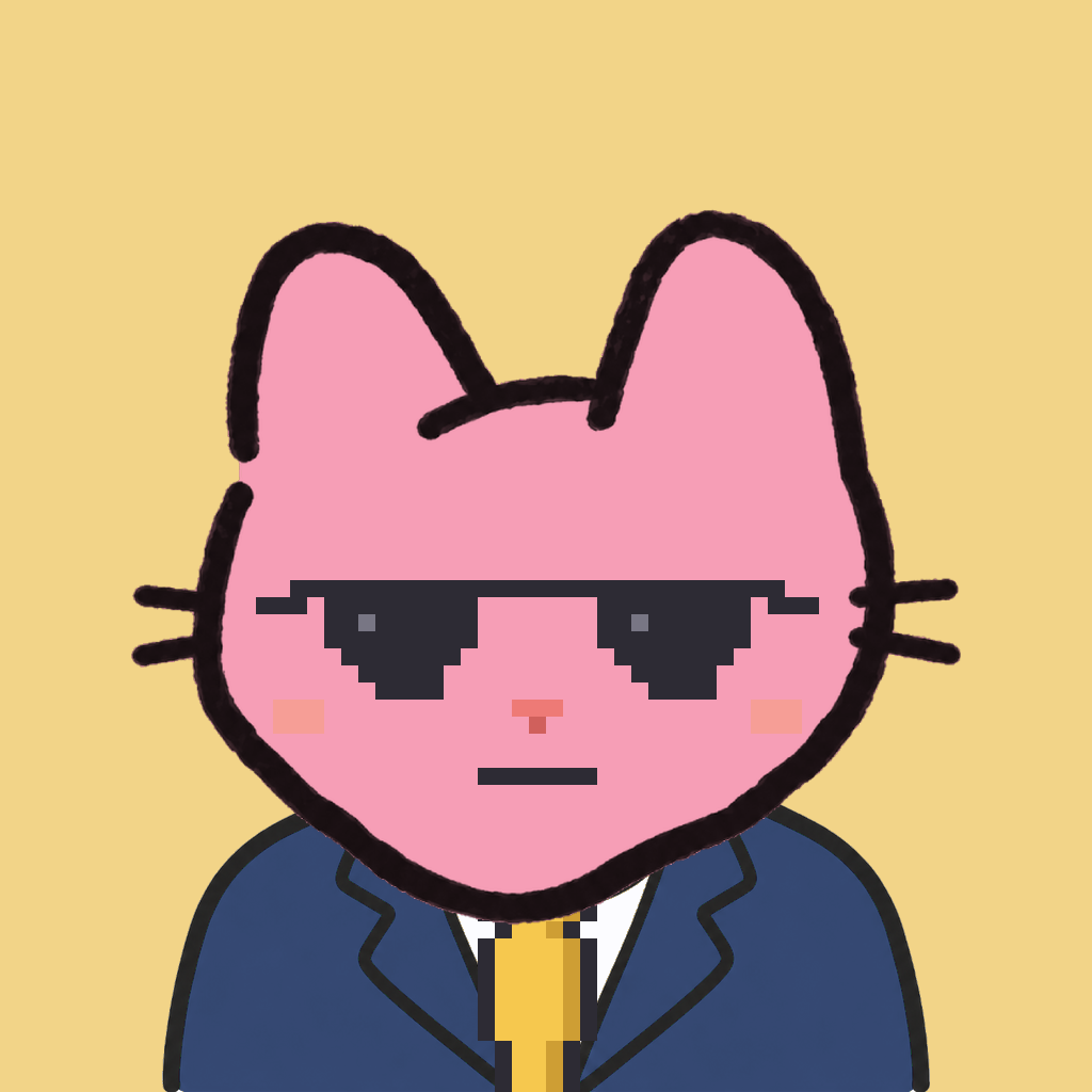 Employee #1161 — a pink cat, in a navy suit, with a gold tie, wearing shades glasses, on butter