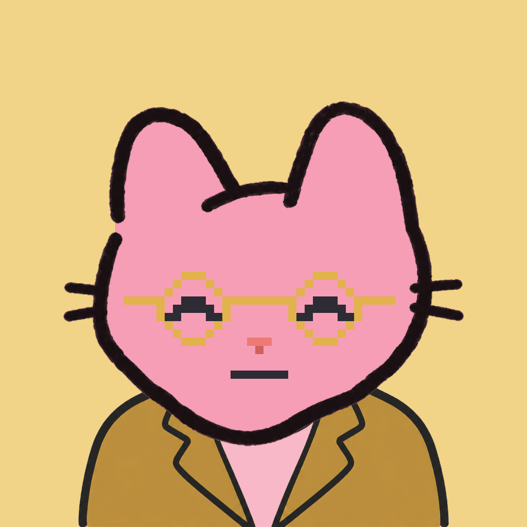 Employee #1162 — a pink cat, in a mustard suit, wearing round-gold glasses, on butter