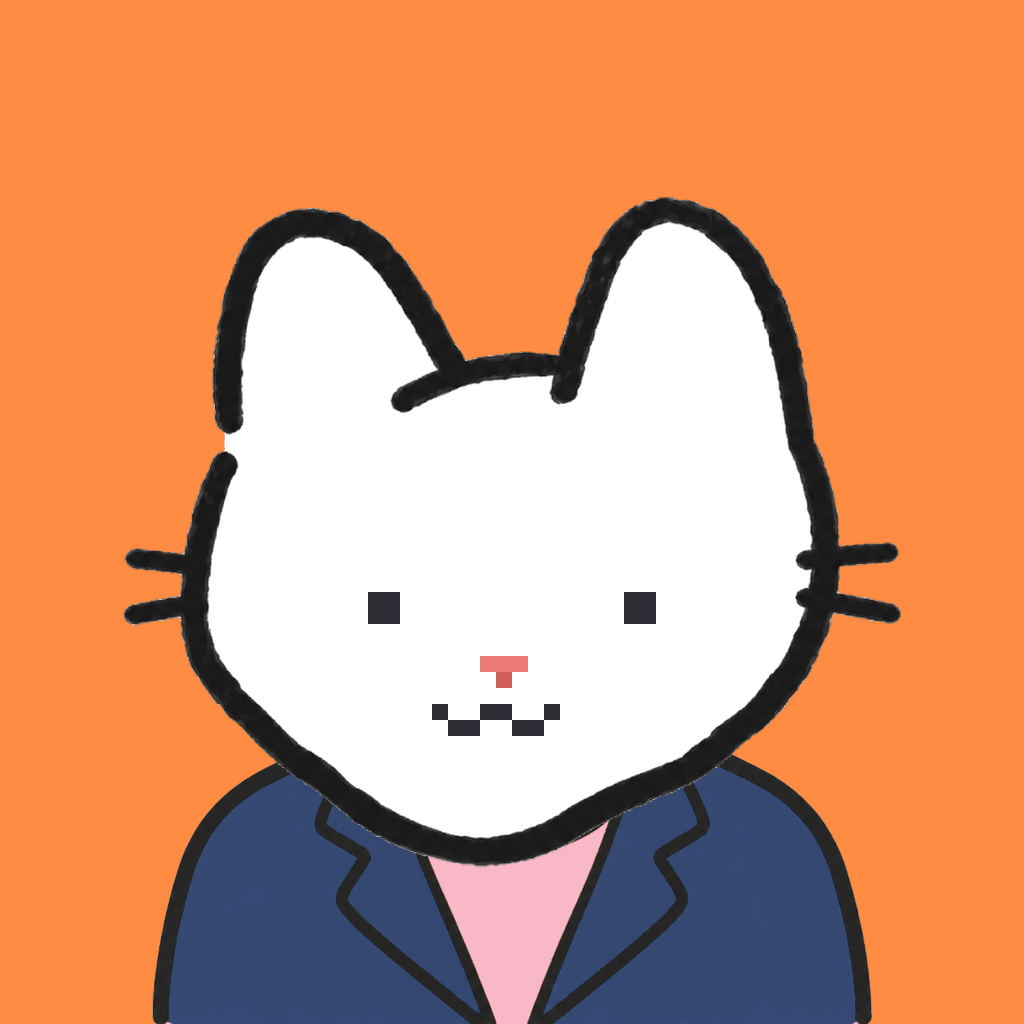 Employee #1163 — a white cat, in a navy suit, on tangerine