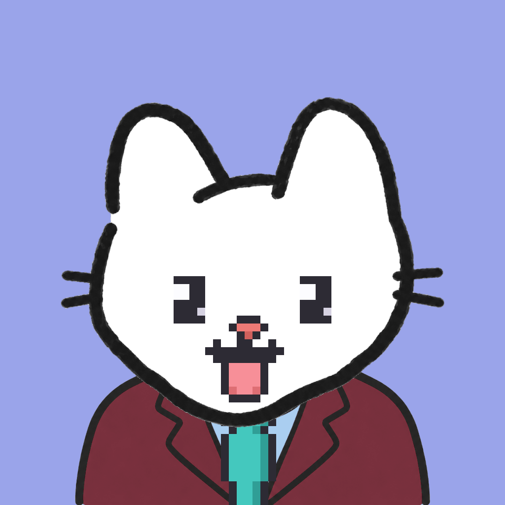 Employee #1164 — a white cat, in a burgundy suit, with a teal tie, on periwinkle