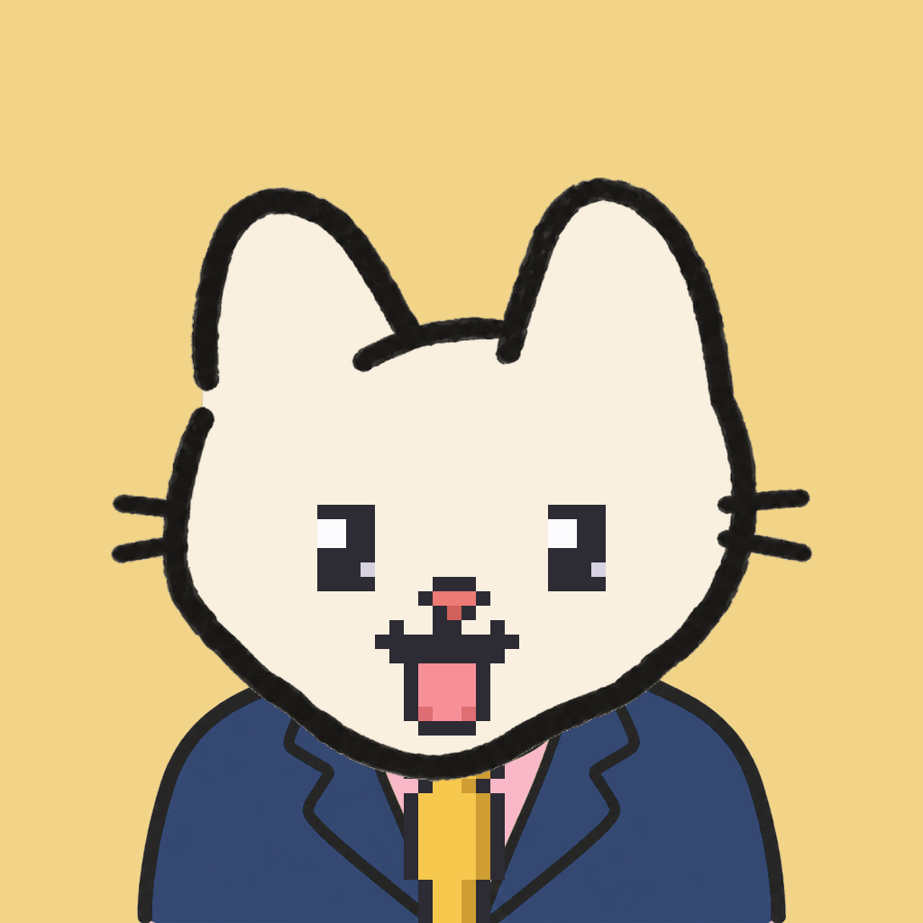 Employee #1165 — a cream cat, in a navy suit, with a gold tie, on butter