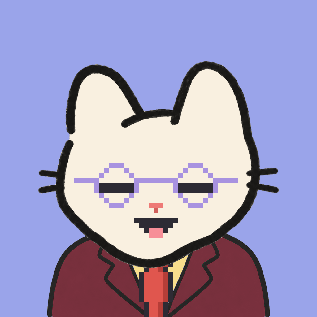 Employee #1167 — a cream cat, in a burgundy suit, with a red tie, wearing round-lavender glasses, on periwinkle