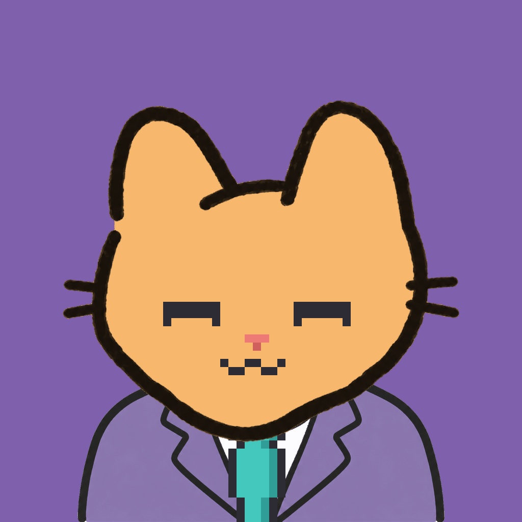 Employee #1168 — a tabby cat, in a lavender suit, with a teal tie, on plasma violet