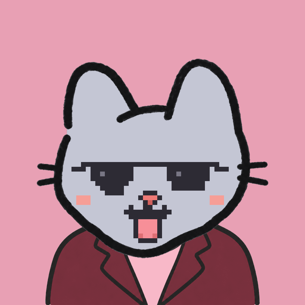 Employee #1169 — a gray cat, in a burgundy suit, wearing shades glasses, on rose