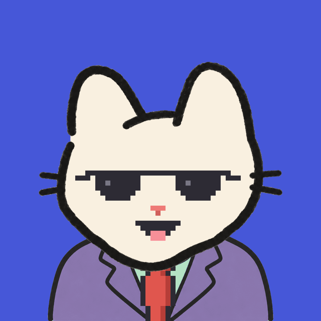 Employee #0117 — a cream cat, in a lavender suit, with a red tie, wearing shades glasses, on royal