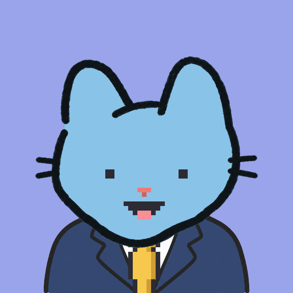 Employee #1171 — a sky cat, in a navy suit, with a gold tie, on periwinkle