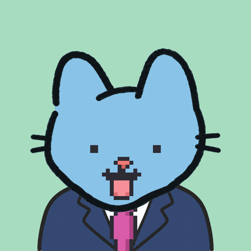 Employee #1172 — a sky cat, in a navy suit, with a magenta tie, on mint