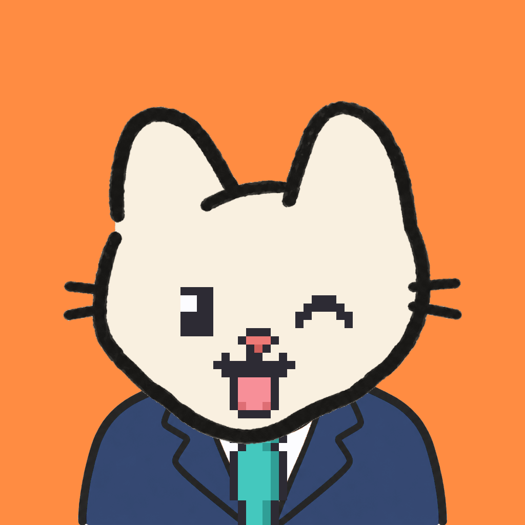 Employee #1173 — a cream cat, in a navy suit, with a teal tie, on tangerine
