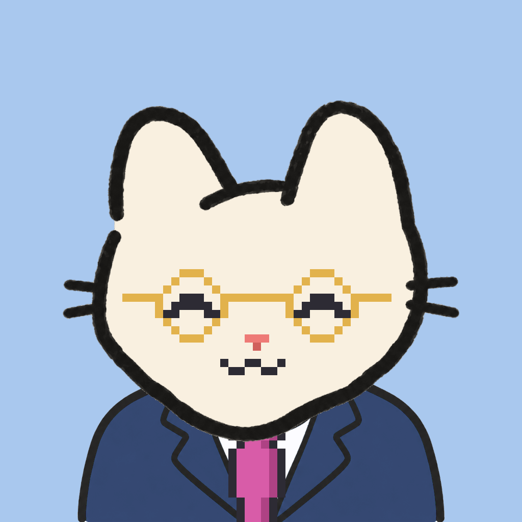 Employee #1174 — a cream cat, in a navy suit, with a magenta tie, wearing round-gold glasses, on sky