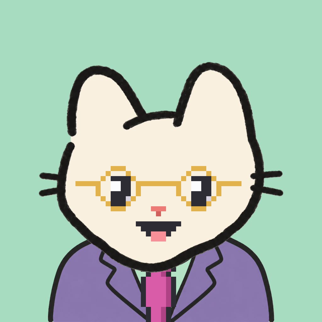 Employee #1175 — a cream cat, in a lavender suit, with a magenta tie, wearing round-gold glasses, on mint