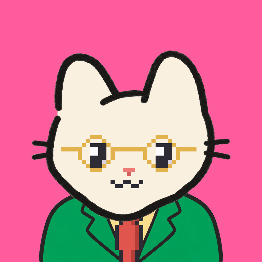 Employee #1176 — a cream cat, in a green suit, with a red tie, wearing round-gold glasses, on hot pink