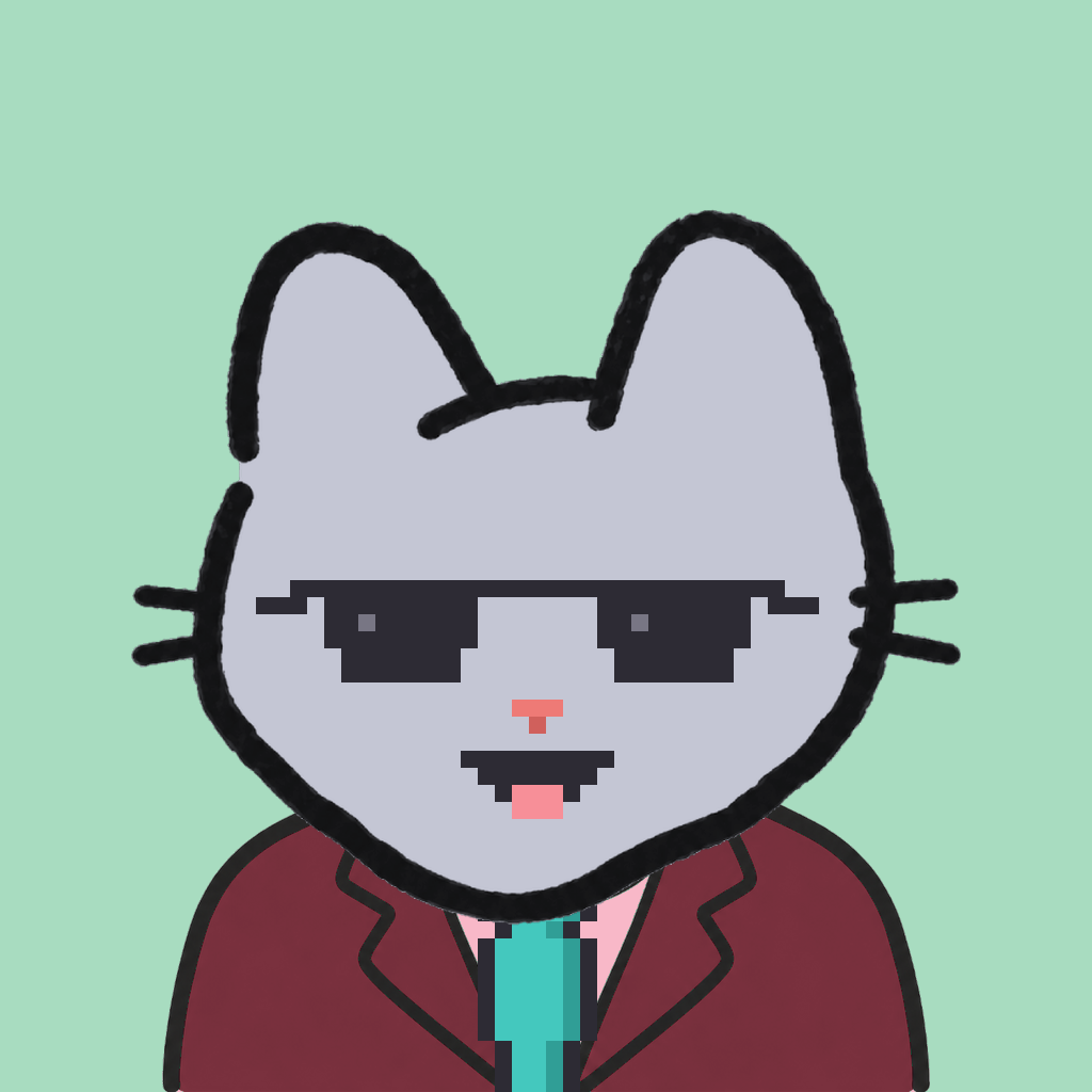 Employee #1177 — a gray cat, in a burgundy suit, with a teal tie, wearing shades glasses, on mint