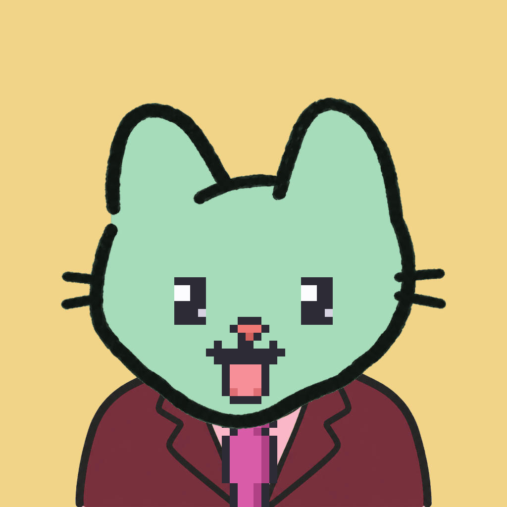 Employee #1178 — a mint cat, in a burgundy suit, with a magenta tie, on butter