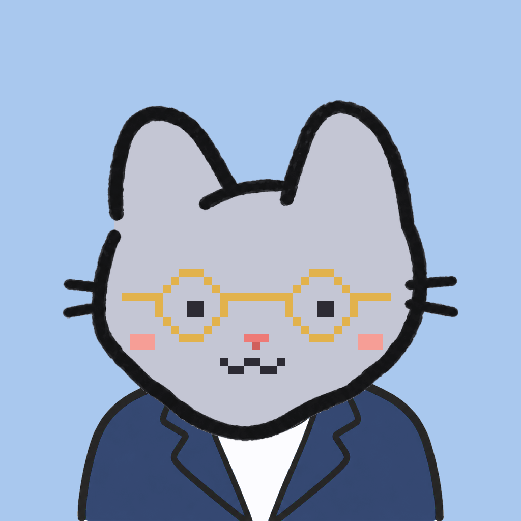 Employee #1179 — a gray cat, in a navy suit, wearing round-gold glasses, on sky