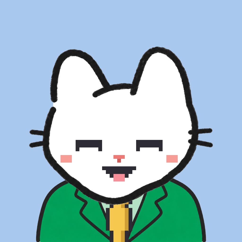 Employee #0118 — a white cat, in a green suit, with a gold tie, on sky