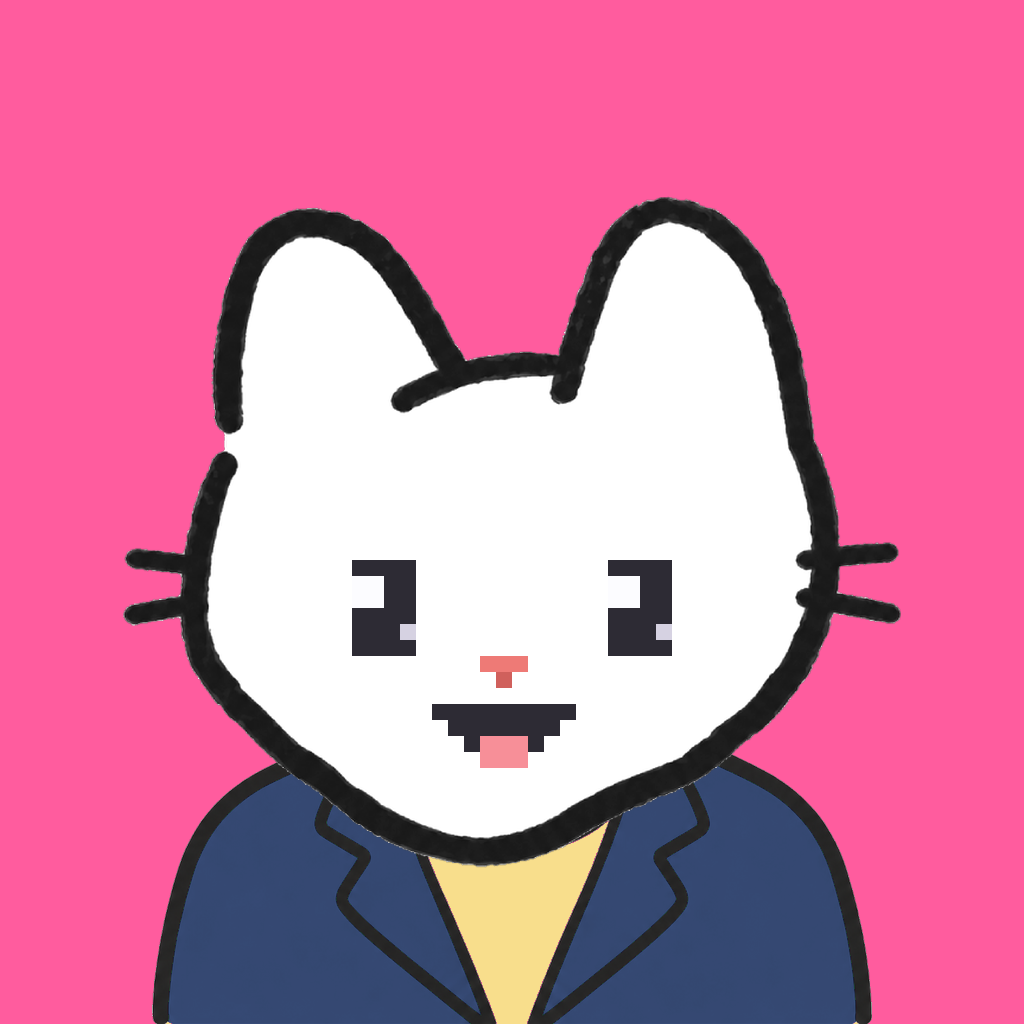 Employee #1180 — a white cat, in a navy suit, on hot pink