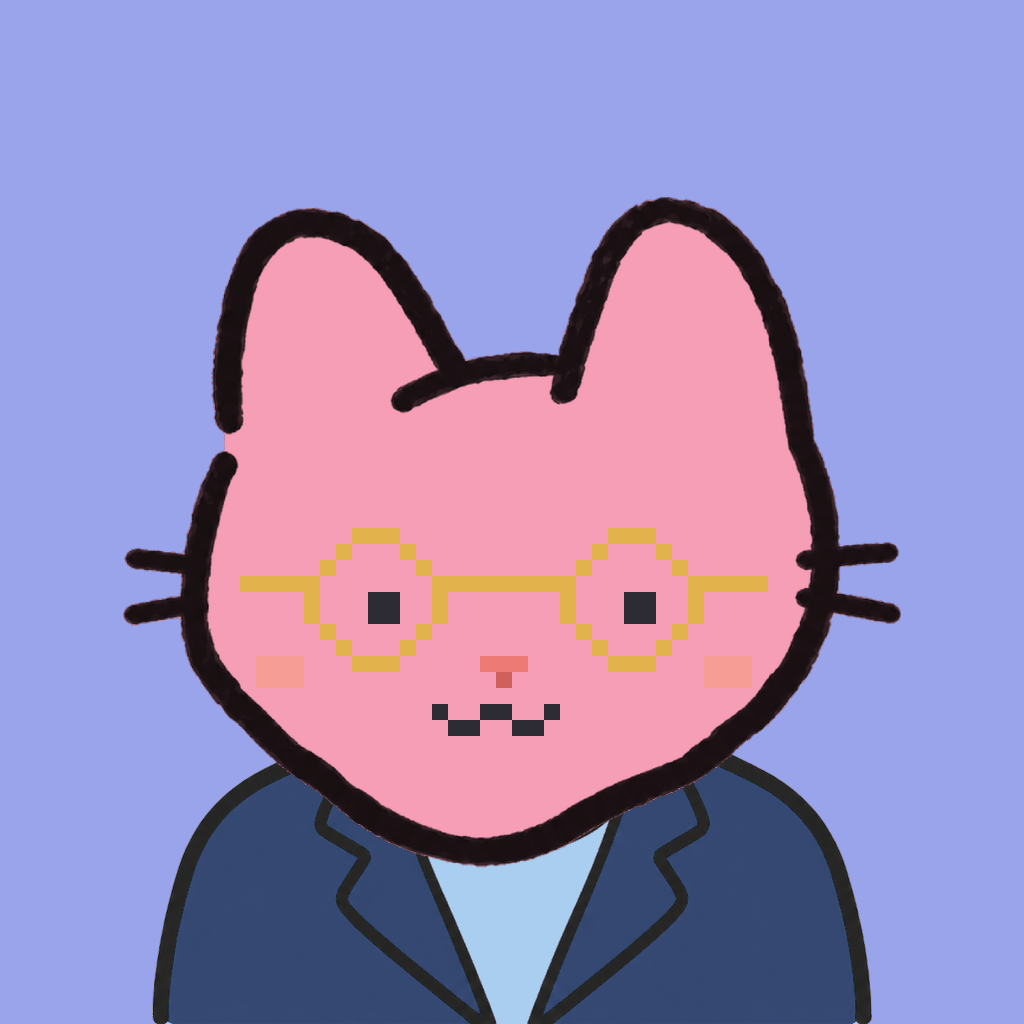 Employee #1181 — a pink cat, in a navy suit, wearing round-gold glasses, on periwinkle