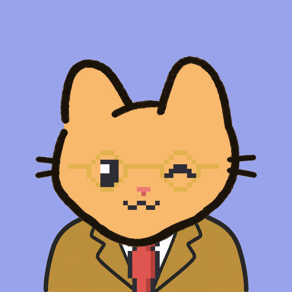 Employee #1182 — a tabby cat, in a mustard suit, with a red tie, wearing round-gold glasses, on periwinkle