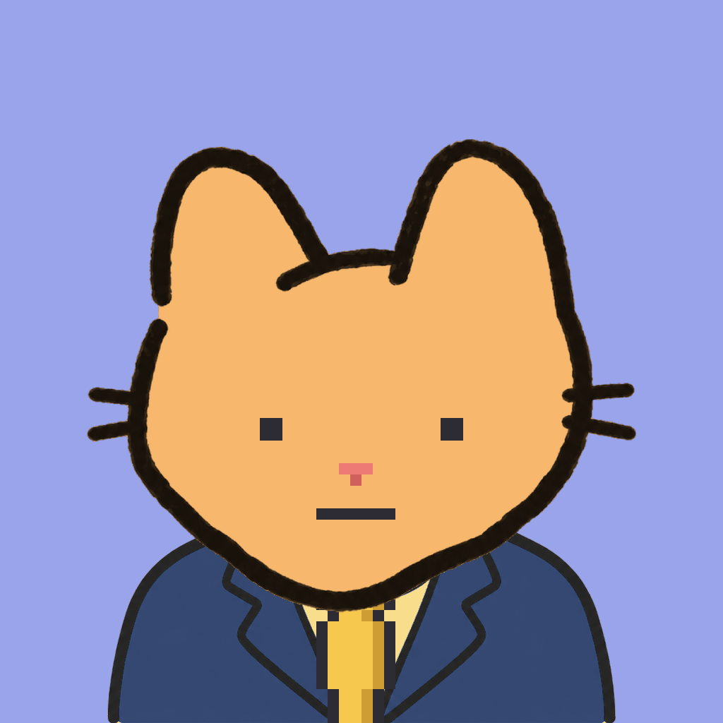 Employee #1183 — a tabby cat, in a navy suit, with a gold tie, on periwinkle