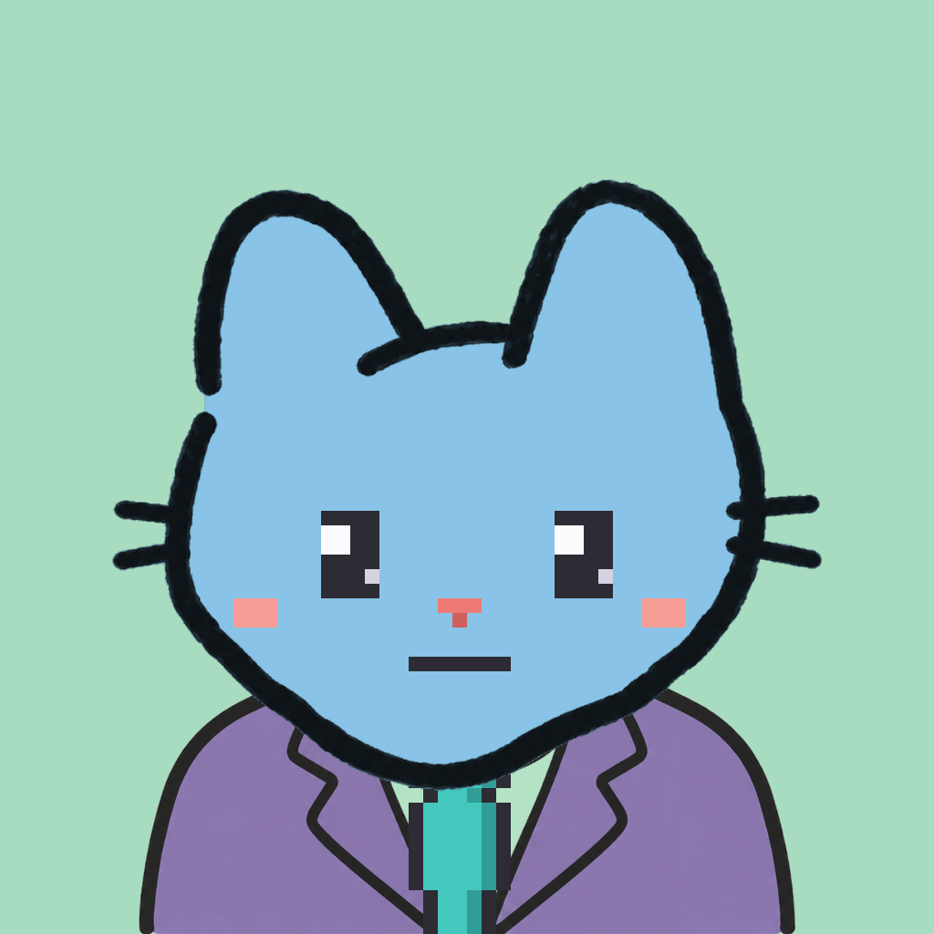 Employee #1185 — a sky cat, in a lavender suit, with a teal tie, on mint