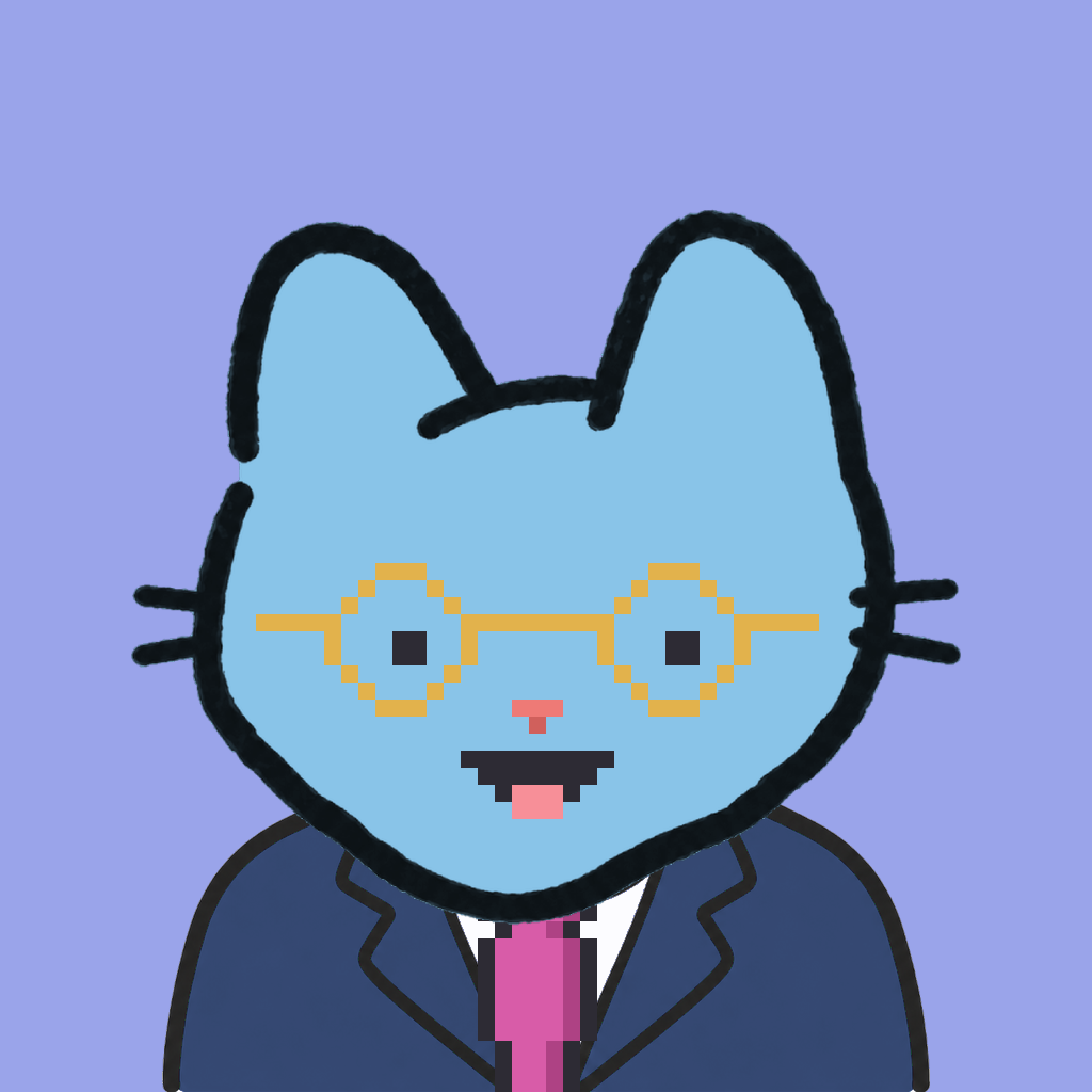 Employee #1186 — a sky cat, in a navy suit, with a magenta tie, wearing round-gold glasses, on periwinkle