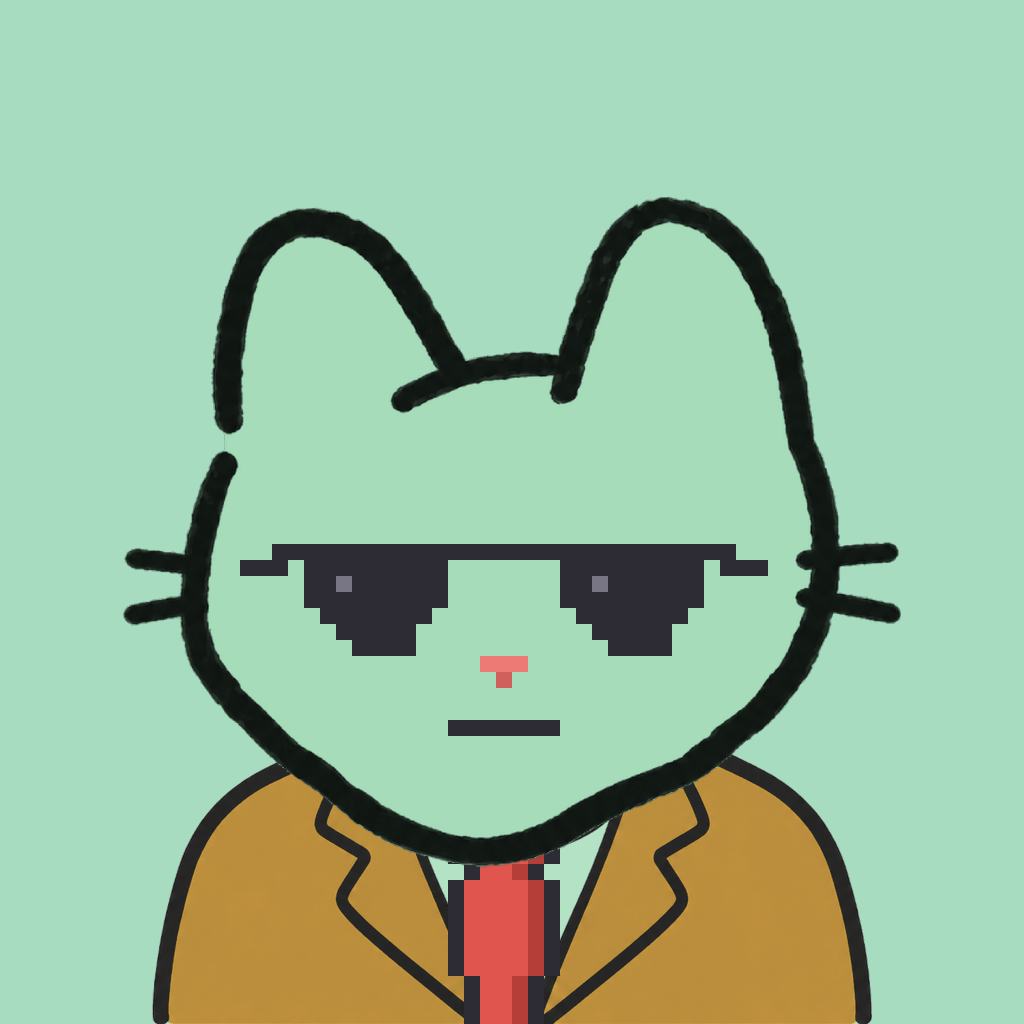 Employee #1187 — a mint cat, in a mustard suit, with a red tie, wearing shades glasses, on mint