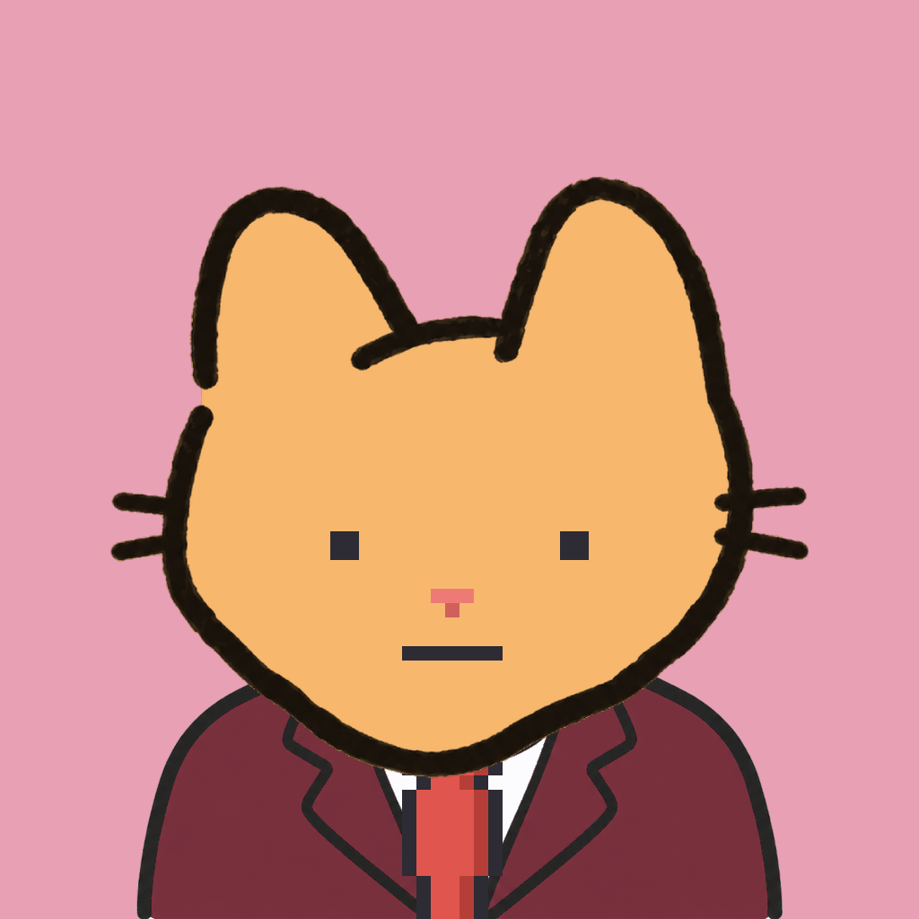 Employee #1188 — a tabby cat, in a burgundy suit, with a red tie, on rose